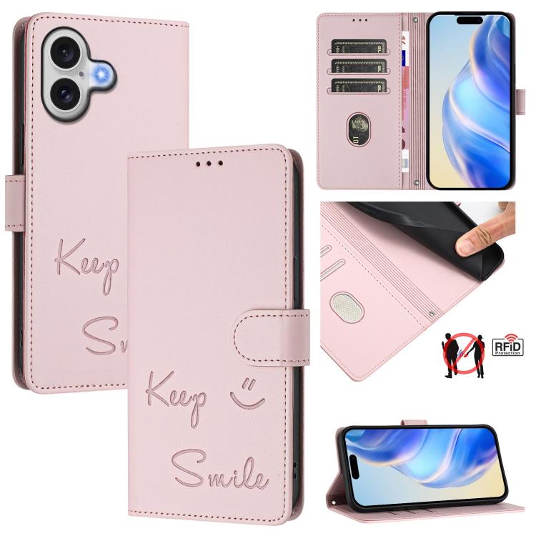Smile Embossing RFID Leather Phone Case, For iPhone 18 Pro / 17 Pro, For iPhone 18 Pro Max / 17 Pro Max, For iPhone 17, For iPhone Air