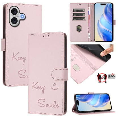 Smile Embossing RFID Leather Phone Case, For iPhone 18 Pro / 17 Pro, For iPhone 18 Pro Max / 17 Pro Max, For iPhone 17, For iPhone Air