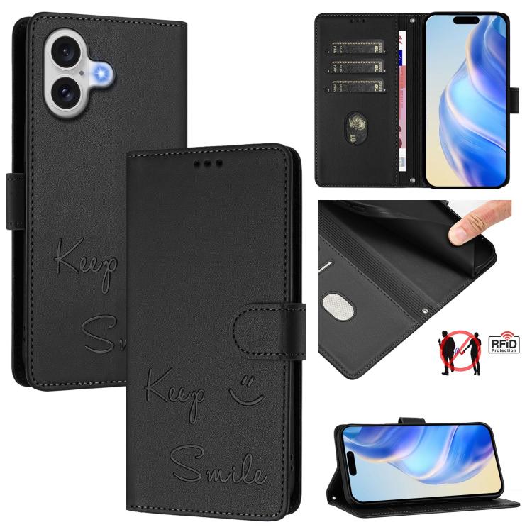 Smile Embossing RFID Leather Phone Case, For iPhone 18 Pro / 17 Pro, For iPhone 18 Pro Max / 17 Pro Max, For iPhone 17, For iPhone Air
