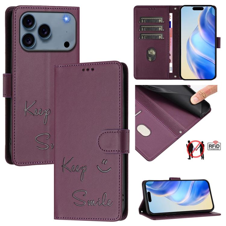 Smile Embossing RFID Leather Phone Case, For iPhone 18 Pro / 17 Pro, For iPhone 18 Pro Max / 17 Pro Max, For iPhone 17, For iPhone Air