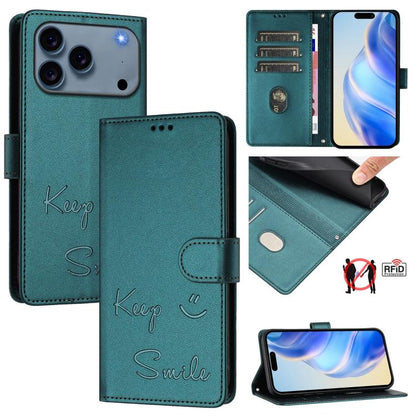 Smile Embossing RFID Leather Phone Case, For iPhone 18 Pro / 17 Pro, For iPhone 18 Pro Max / 17 Pro Max, For iPhone 17, For iPhone Air