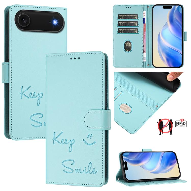 Smile Embossing RFID Leather Phone Case, For iPhone 18 Pro / 17 Pro, For iPhone 18 Pro Max / 17 Pro Max, For iPhone 17, For iPhone Air