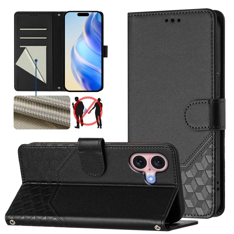 Honeycomb Embossing RFID Leather Phone Case, For iPhone Air, For iPhone 16 Pro Max, For iPhone 16 Pro, For iPhone 16 Plus