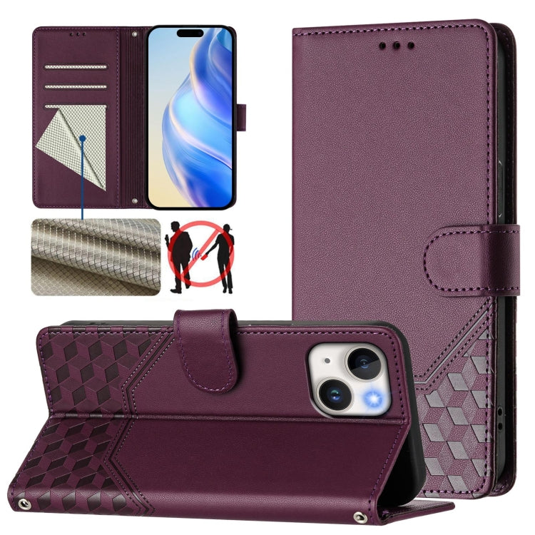 Honeycomb Embossing RFID Leather Phone Case, For iPhone 15, For iPhone 14 Plus, For iPhone 14 / 13, For iPhone 14 Pro