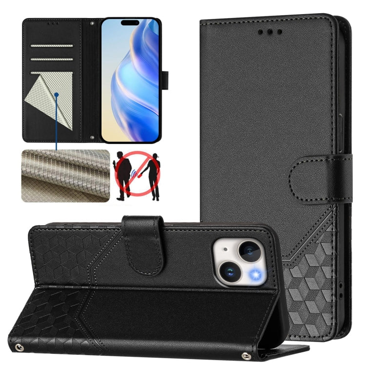 Honeycomb Embossing RFID Leather Phone Case, For iPhone 15, For iPhone 14 Plus, For iPhone 14 / 13, For iPhone 14 Pro