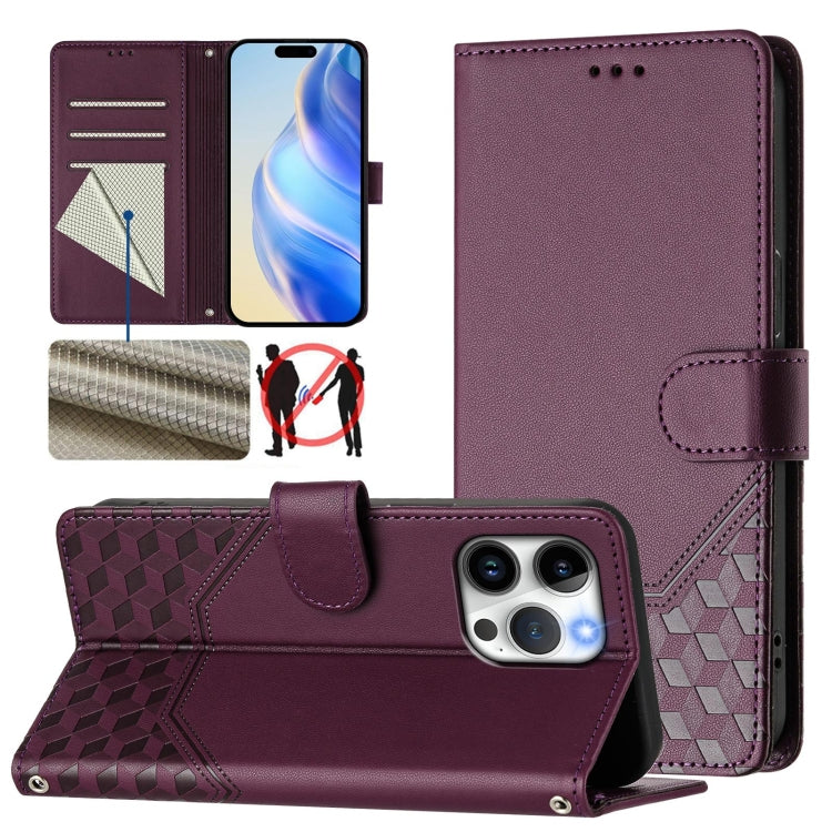 Honeycomb Embossing RFID Leather Phone Case, For iPhone 15, For iPhone 14 Plus, For iPhone 14 / 13, For iPhone 14 Pro