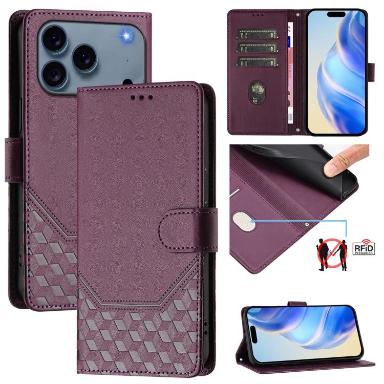 Honeycomb Embossing RFID Leather Phone Case, For iPhone 18 Pro / 17 Pro, For iPhone 18 Pro Max / 17 Pro Max, For iPhone 17e / 16e, For iPhone 17