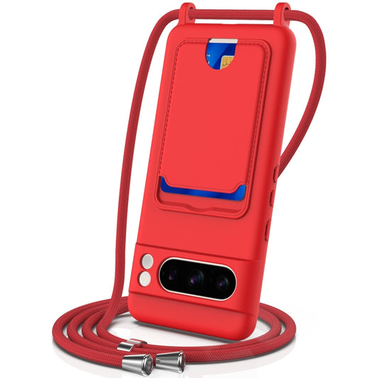 Integrated Card Bag Solid Color Liquid Silicone Phone Case with Lanyard, For Google Pixel 8 Pro, For Google Pixel 8