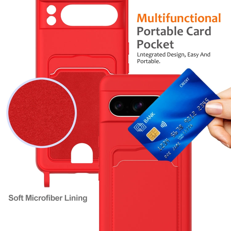 Integrated Card Bag Solid Color Liquid Silicone Phone Case with Lanyard, For Google Pixel 8 Pro, For Google Pixel 8