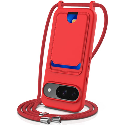 Integrated Card Bag Solid Color Liquid Silicone Phone Case with Lanyard