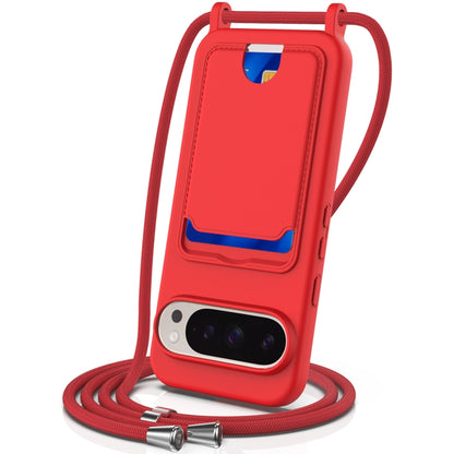 Integrated Card Bag Solid Color Liquid Silicone Phone Case with Lanyard