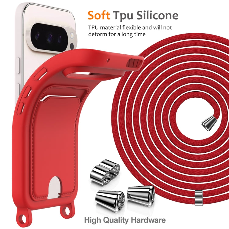 Integrated Card Bag Solid Color Liquid Silicone Phone Case with Lanyard, For Google Pixel 9 Pro, For Google Pixel 9, For Google Pixel 8a, For Google Pixel 8 Pro, For Google Pixel 8