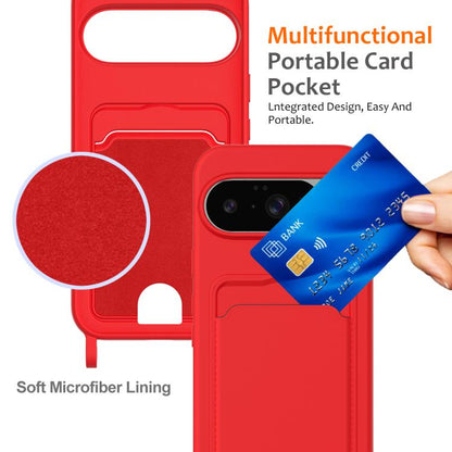 Integrated Card Bag Solid Color Liquid Silicone Phone Case with Lanyard, For Google Pixel 10, For Google Pixel 9a, For Google Pixel 9 Pro XL, For Google Pixel 9 Pro, For Google Pixel 9, For Google Pixel 8a