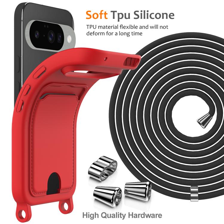 Integrated Card Bag Solid Color Liquid Silicone Phone Case with Lanyard, For Google Pixel 10, For Google Pixel 9a, For Google Pixel 9 Pro XL, For Google Pixel 9 Pro, For Google Pixel 9, For Google Pixel 8a