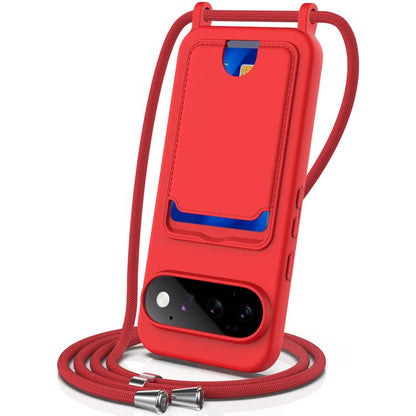 Integrated Card Bag Solid Color Liquid Silicone Phone Case with Lanyard, For Google Pixel 11 Pro XL, For Google Pixel 11, For Google Pixel 11 Pro, For Google Pixel 10a, For Google Pixel 10 Pro XL, For Google Pixel 10 Pro
