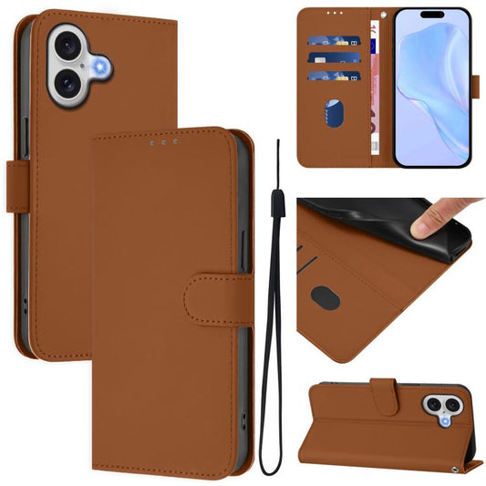 Skin Feel Solid Color Leather Phone Case with Lanyard, For iPhone 17