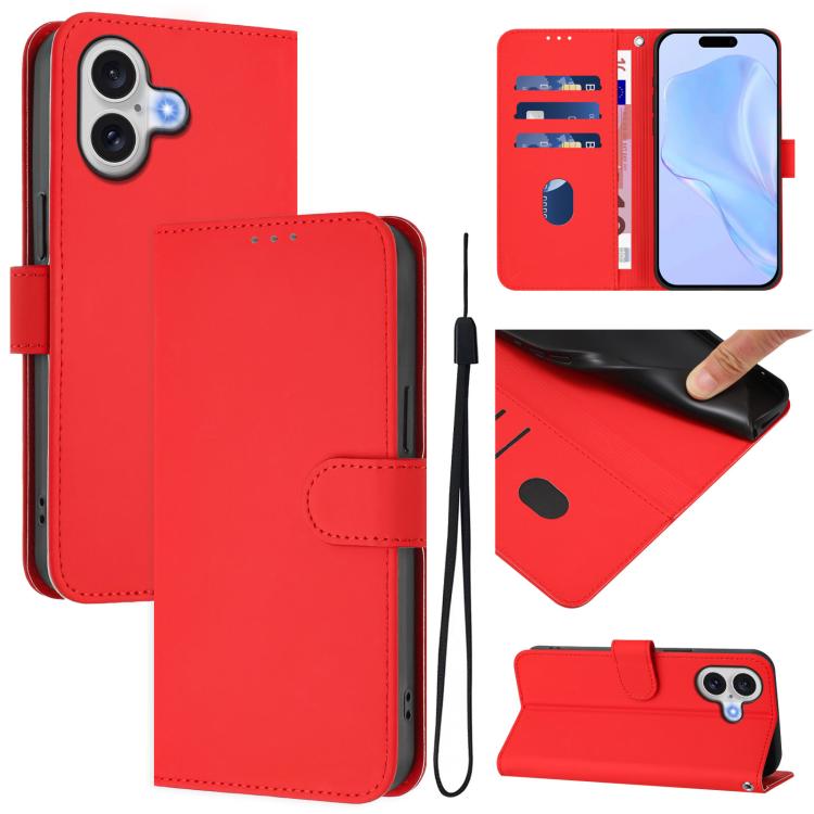 Skin Feel Solid Color Leather Phone Case with Lanyard, For iPhone 17