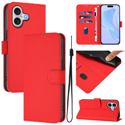 Skin Feel Solid Color Leather Phone Case with Lanyard, For iPhone 17