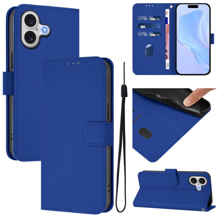 Skin Feel Solid Color Leather Phone Case with Lanyard, For iPhone 17