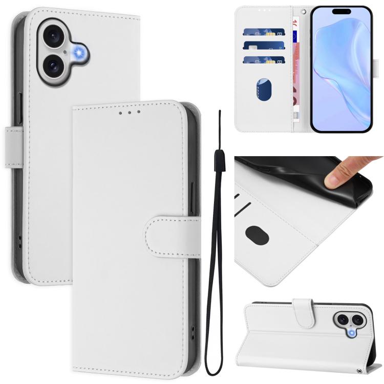 Skin Feel Solid Color Leather Phone Case with Lanyard, For iPhone 17