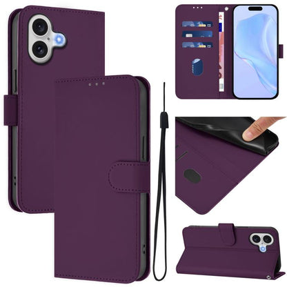 Skin Feel Solid Color Leather Phone Case with Lanyard, For iPhone 17