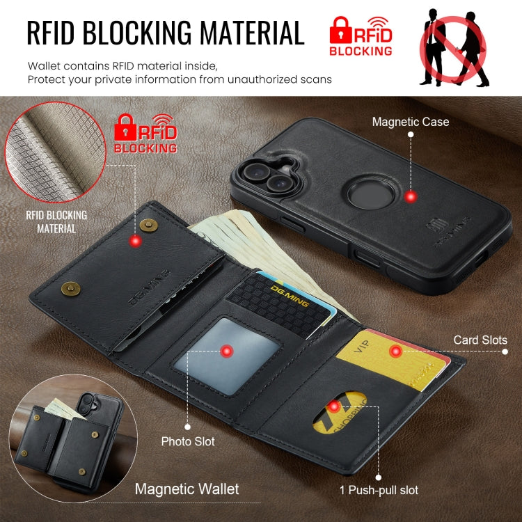 DG.MING M6 Series RFID Tri-fold Card Bag Removable Leather Phone Case, For iPhone 16, For iPhone 15 Pro Max, For iPhone 15 Pro, For iPhone 15 Plus