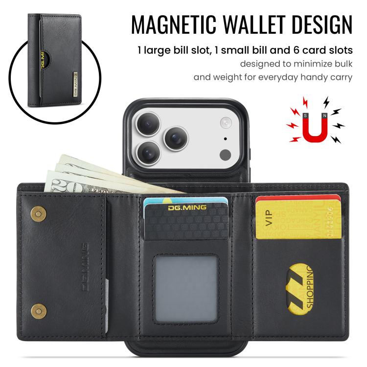DG.MING M6 Series RFID Tri-fold Card Bag Removable Leather Phone Case, For iPhone 18 Pro / 17 Pro, For iPhone 18 Pro Max / 17 Pro Max, For iPhone 17e / 16e, For iPhone 17