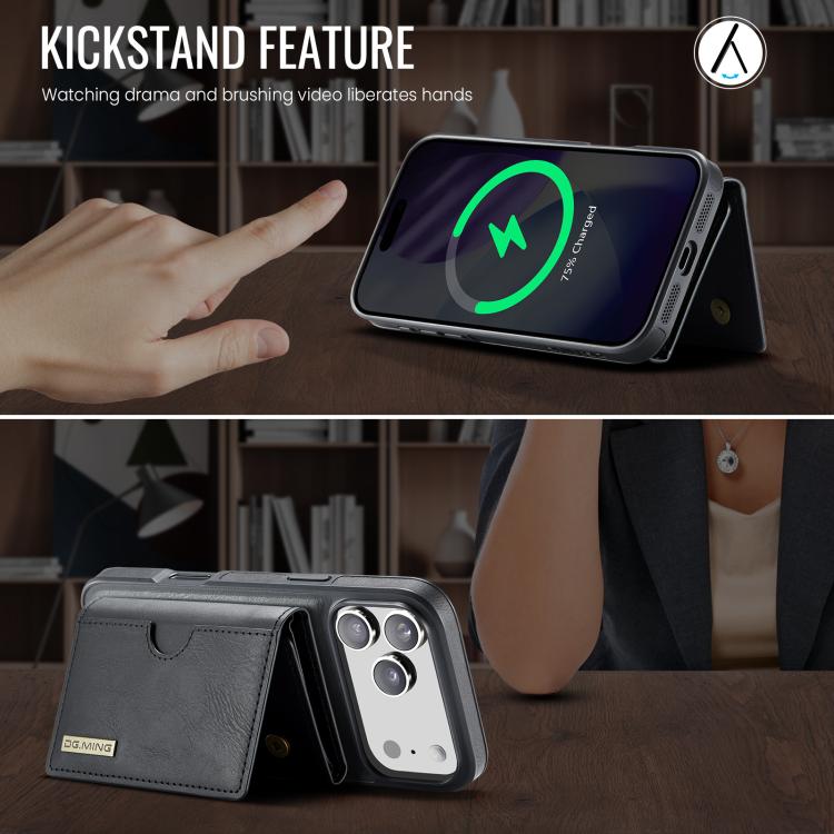 DG.MING M6 Series RFID Tri-fold Card Bag Removable Leather Phone Case, For iPhone 18 Pro / 17 Pro, For iPhone 18 Pro Max / 17 Pro Max, For iPhone 17e / 16e, For iPhone 17