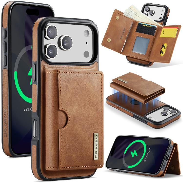 DG.MING M6 Series RFID Tri-fold Card Bag Removable Leather Phone Case, For iPhone 17e / 16e, For iPhone 17 Pro Max, For iPhone 17 Pro, For iPhone 17