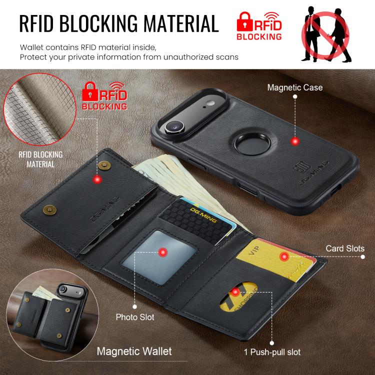 DG.MING M6 Series RFID Tri-fold Card Bag Removable Leather Phone Case, For iPhone Air, For iPhone 16 Pro Max, For iPhone 16 Pro, For iPhone 16 Plus