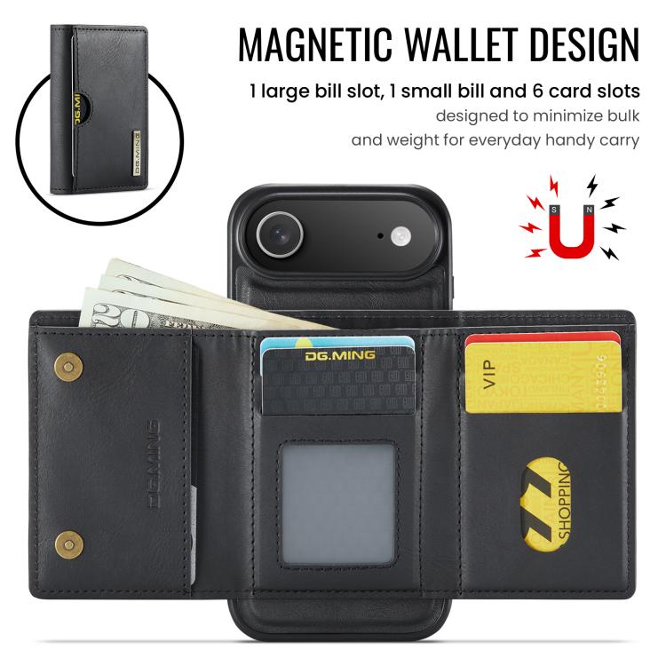 DG.MING M6 Series RFID Tri-fold Card Bag Removable Leather Phone Case, For iPhone Air, For iPhone 16 Pro Max, For iPhone 16 Pro, For iPhone 16 Plus
