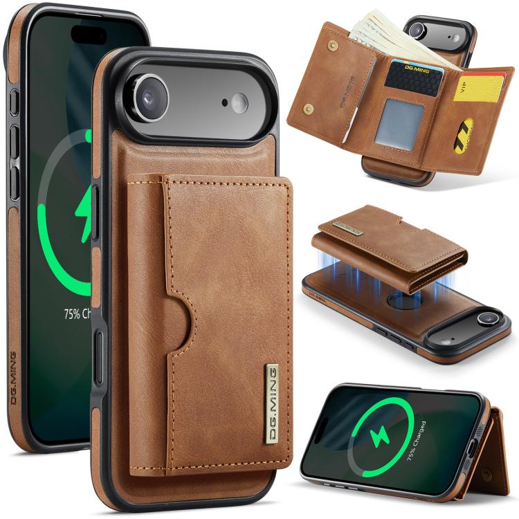 DG.MING M6 Series RFID Tri-fold Card Bag Removable Leather Phone Case, For iPhone Air, For iPhone 16 Pro Max, For iPhone 16 Pro, For iPhone 16 Plus