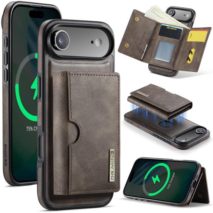 DG.MING M6 Series RFID Tri-fold Card Bag Removable Leather Phone Case, For iPhone Air, For iPhone 16 Pro Max, For iPhone 16 Pro, For iPhone 16 Plus
