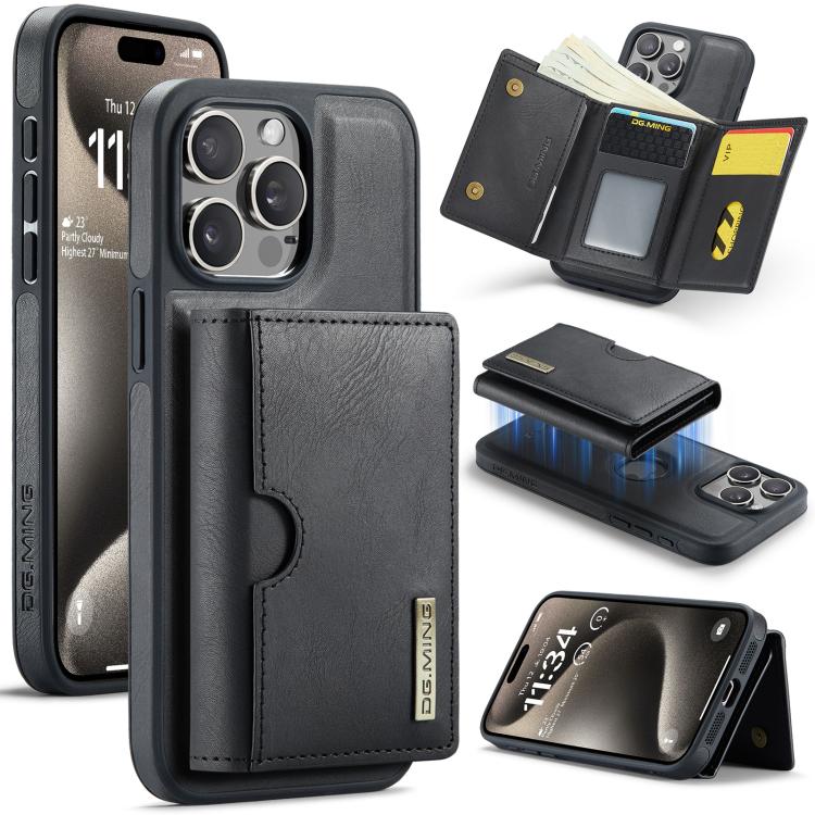 DG.MING M6 Series RFID Tri-fold Card Bag Removable Leather Phone Case, For iPhone 16, For iPhone 15 Pro Max, For iPhone 15 Pro, For iPhone 15 Plus