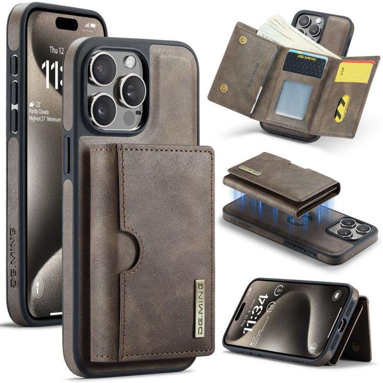 DG.MING M6 Series RFID Tri-fold Card Bag Removable Leather Phone Case, For iPhone 16, For iPhone 15 Pro Max, For iPhone 15 Pro, For iPhone 15 Plus