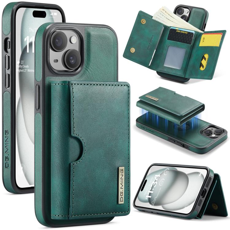 DG.MING M6 Series RFID Tri-fold Card Bag Removable Leather Phone Case, For iPhone 16, For iPhone 15 Pro Max, For iPhone 15 Pro, For iPhone 15 Plus