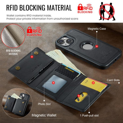 DG.MING M6 Series RFID Tri-fold Card Bag Removable Leather Phone Case, For iPhone 15, For iPhone 14 Plus, For iPhone 14, For iPhone 14 Pro