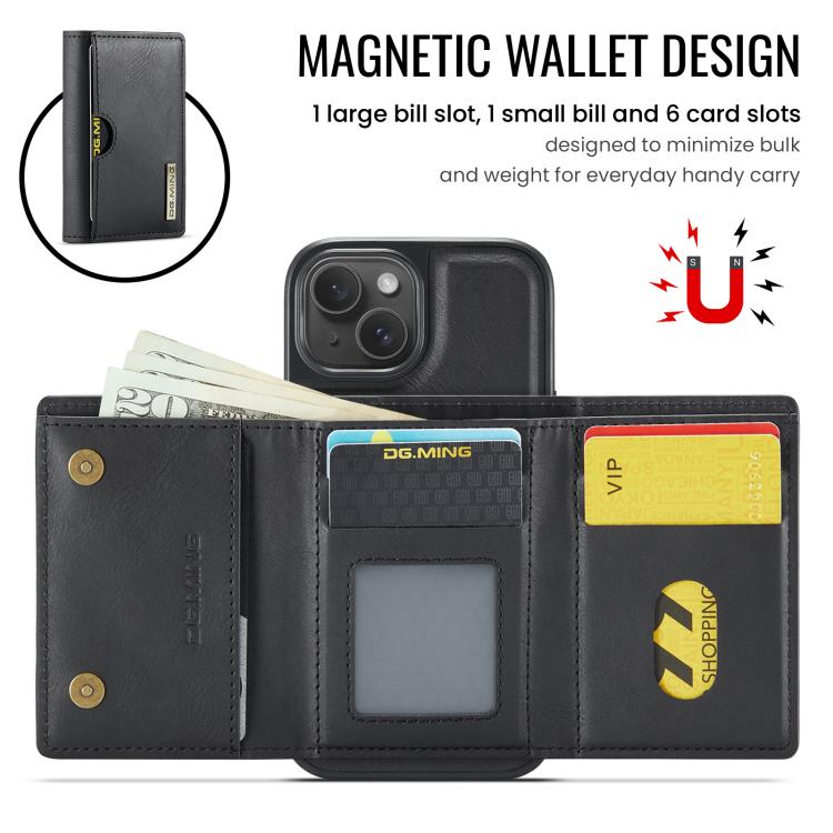 DG.MING M6 Series RFID Tri-fold Card Bag Removable Leather Phone Case, For iPhone 15, For iPhone 14 Plus, For iPhone 14, For iPhone 14 Pro