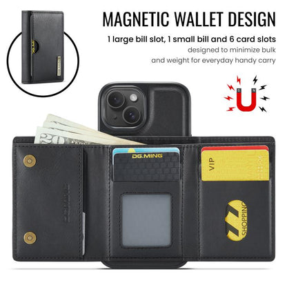 DG.MING M6 Series RFID Tri-fold Card Bag Removable Leather Phone Case, For iPhone 15, For iPhone 14 Plus, For iPhone 14, For iPhone 14 Pro