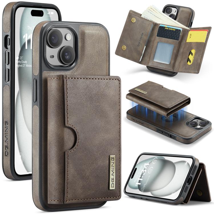 DG.MING M6 Series RFID Tri-fold Card Bag Removable Leather Phone Case, For iPhone 15, For iPhone 14 Plus, For iPhone 14, For iPhone 14 Pro