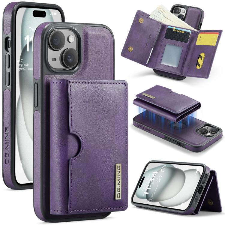 DG.MING M6 Series RFID Tri-fold Card Bag Removable Leather Phone Case, For iPhone 15, For iPhone 14 Plus, For iPhone 14, For iPhone 14 Pro