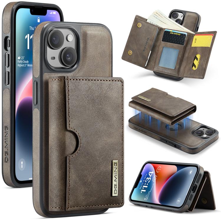 DG.MING M6 Series RFID Tri-fold Card Bag Removable Leather Phone Case, For iPhone 15, For iPhone 14 Plus, For iPhone 14, For iPhone 14 Pro
