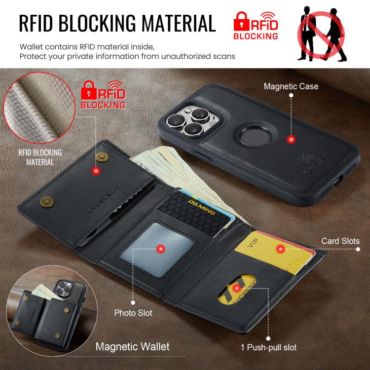 DG.MING M6 Series RFID Tri-fold Card Bag Removable Leather Phone Case, For iPhone 14 Pro Max, For iPhone 13 Pro Max, For iPhone 13 Pro, For iPhone 13