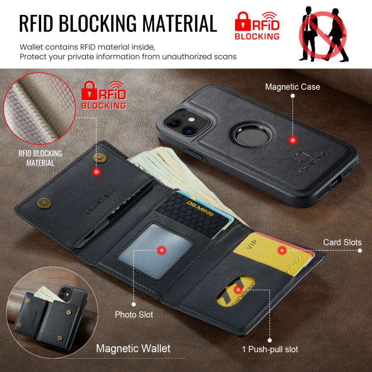 DG.MING M6 Series RFID Tri-fold Card Bag Removable Leather Phone Case, For iPhone 12, For iPhone 12 Pro Max, For iPhone 12 Pro, For iPhone 11 Pro Max