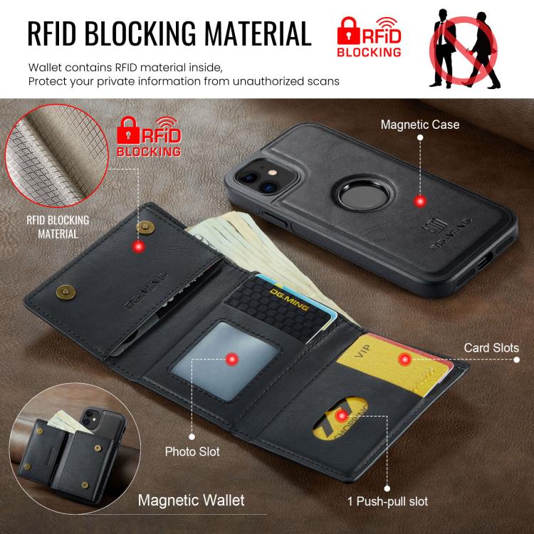 DG.MING M6 Series RFID Tri-fold Card Bag Removable Leather Phone Case, For iPhone 11, For iPhone 11 Pro