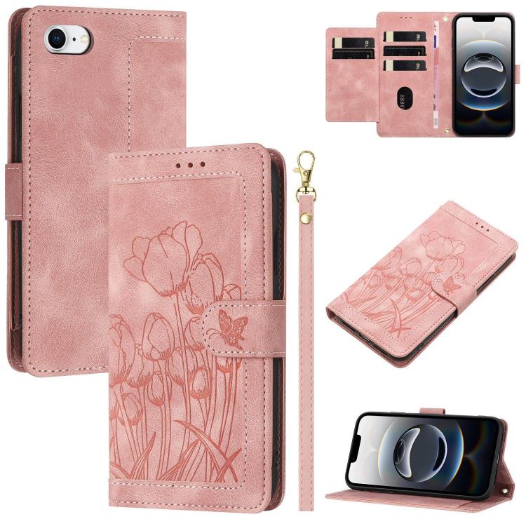 Tulips Embossed Leather Phone Case with Lanyard, For iPhone 17e / 16e, For iPhone 17 Pro Max, For iPhone 17 Pro, For iPhone 17