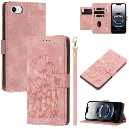 Tulips Embossed Leather Phone Case with Lanyard, For iPhone 17e / 16e, For iPhone 17 Pro Max, For iPhone 17 Pro, For iPhone 17