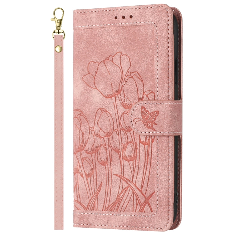 Tulips Embossed Leather Phone Case with Lanyard, For iPhone 17e / 16e, For iPhone 17 Pro Max, For iPhone 17 Pro, For iPhone 17