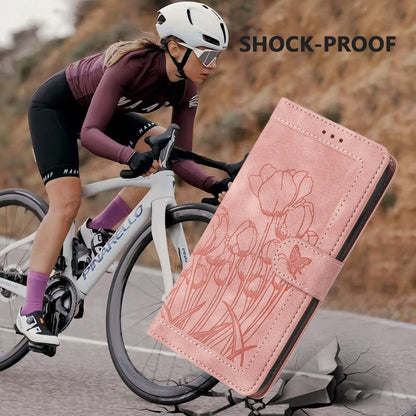 Tulips Embossed Leather Phone Case with Lanyard, For iPhone 17e / 16e, For iPhone 17 Pro Max, For iPhone 17 Pro, For iPhone 17