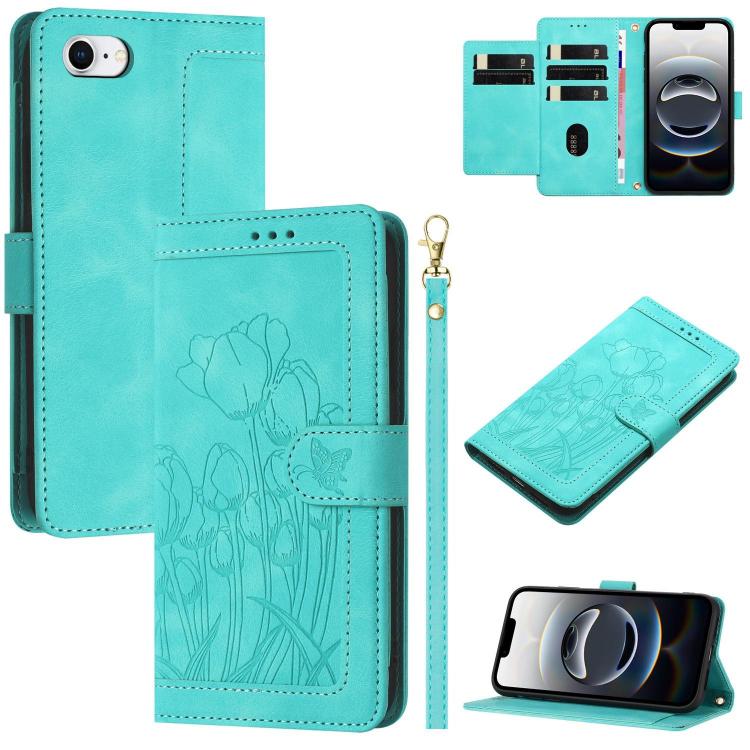 Tulips Embossed Leather Phone Case with Lanyard, For iPhone 17e / 16e, For iPhone 17 Pro Max, For iPhone 17 Pro, For iPhone 17